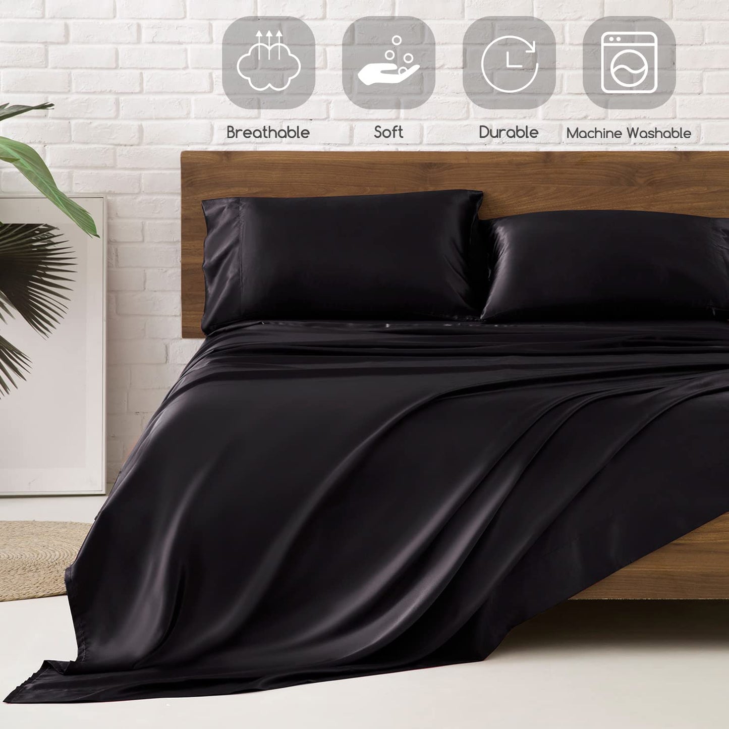 MR&HM Satin Bed Sheets, Twin Size Sheets Set, 3 Pcs Silky Bedding Set with 15 Inches Deep Pocket for Mattress (Twin, Black)