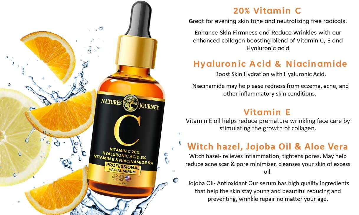 UMB Natures Journey Vitamin C Facial Serum - 1 oz Hyaluronic Acid, Radiant Glow, Anti-Wrinkle, Fine Line Minimizer, Anti-Aging, Acne Control, Skin Tone Corrector, Hydration Boost