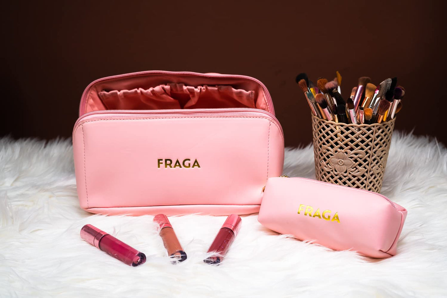 FRAGA 2 in 1 New Model Makeup Bag, Waterproof Cosmetic Bag, with Large Capacity, Skin Care Organizer for Travel, Easy to Clean (Pink)