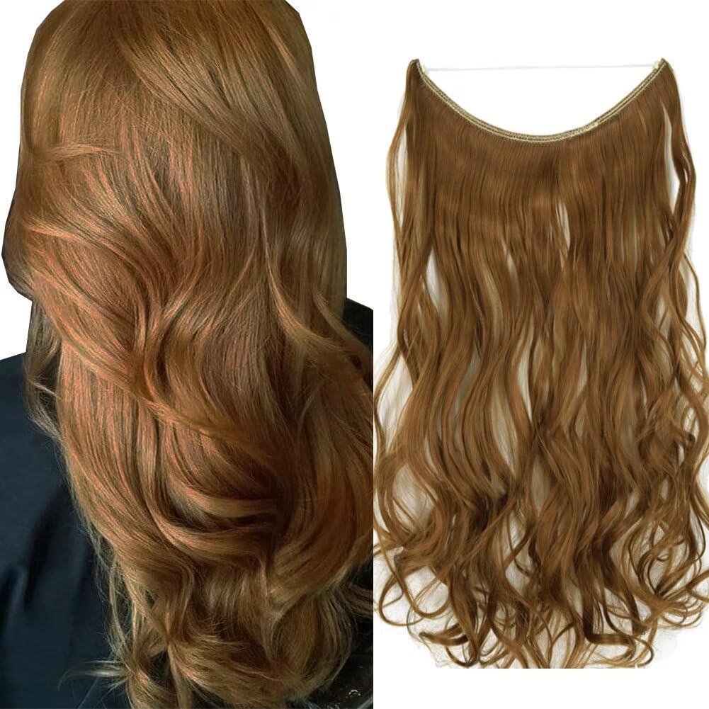 iLUU 18" Curly Hair Extensions Honey Brown Hair Color #27A Invisible Wire Hair Extensions One Piece Headband Heat Resistent Synthetic Fiber Invisible Wire Hair Extensions for Party Gift 80G/Set