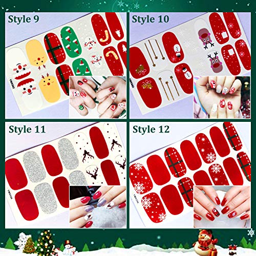 Kalolary 12 Sheets Christmas Full Wraps Self-Adhesive Nail Polish Stickers with 1Pcs Nail File, Nail Art Full-Cover Sticker for Women Winter Christmas Party Nail Decorations