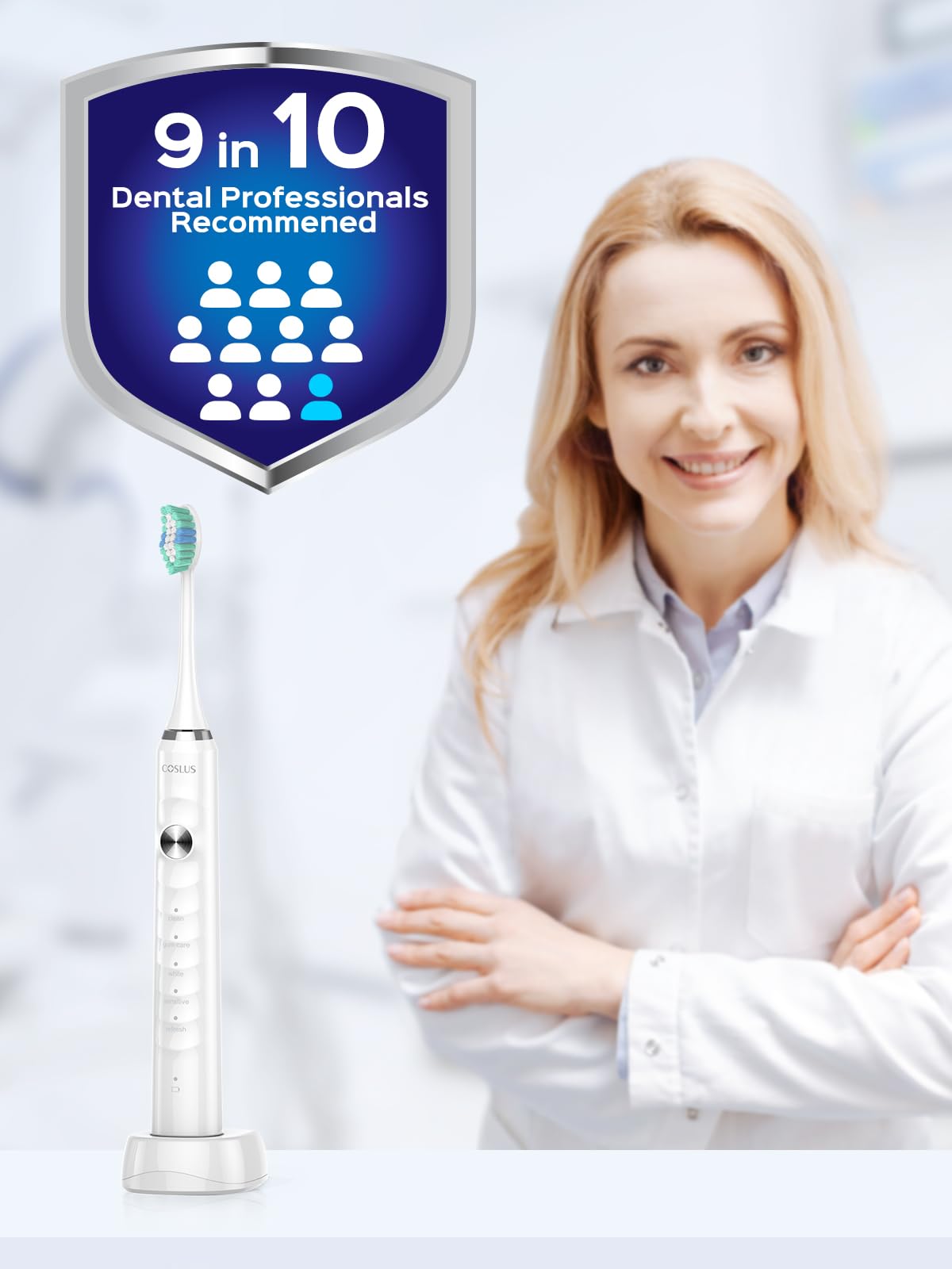 COSLUS Electric Toothbrush for Adults and Kids: Wireless Rechargeable Tooth Brush for Kid Ages 12+ and Adult with Portable Travel Case, 5 Modes 47000 VPM Power Toothbrushes 6 Brush Heads White