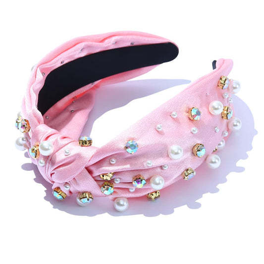 FEDANS Rhinestone headband Jeweled Headband for Women Crystal Pearly Embellished Pink Hairband Fashion Satin Hair Accessories in Spring Summer