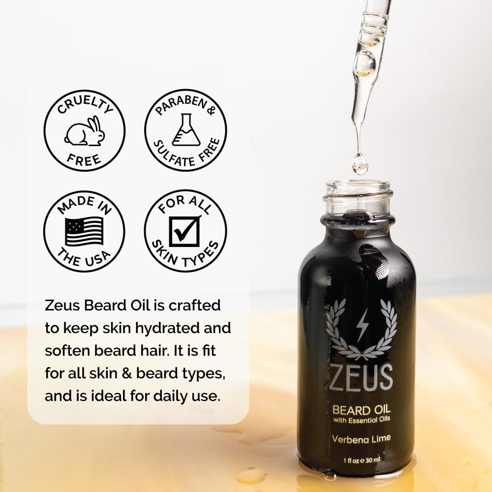 ZEUS Natural Beard Oil, Premium Conditioning Beard Oil to Soften Beard & Mustache – MADE IN USA (Verbena Lime) 1 oz.