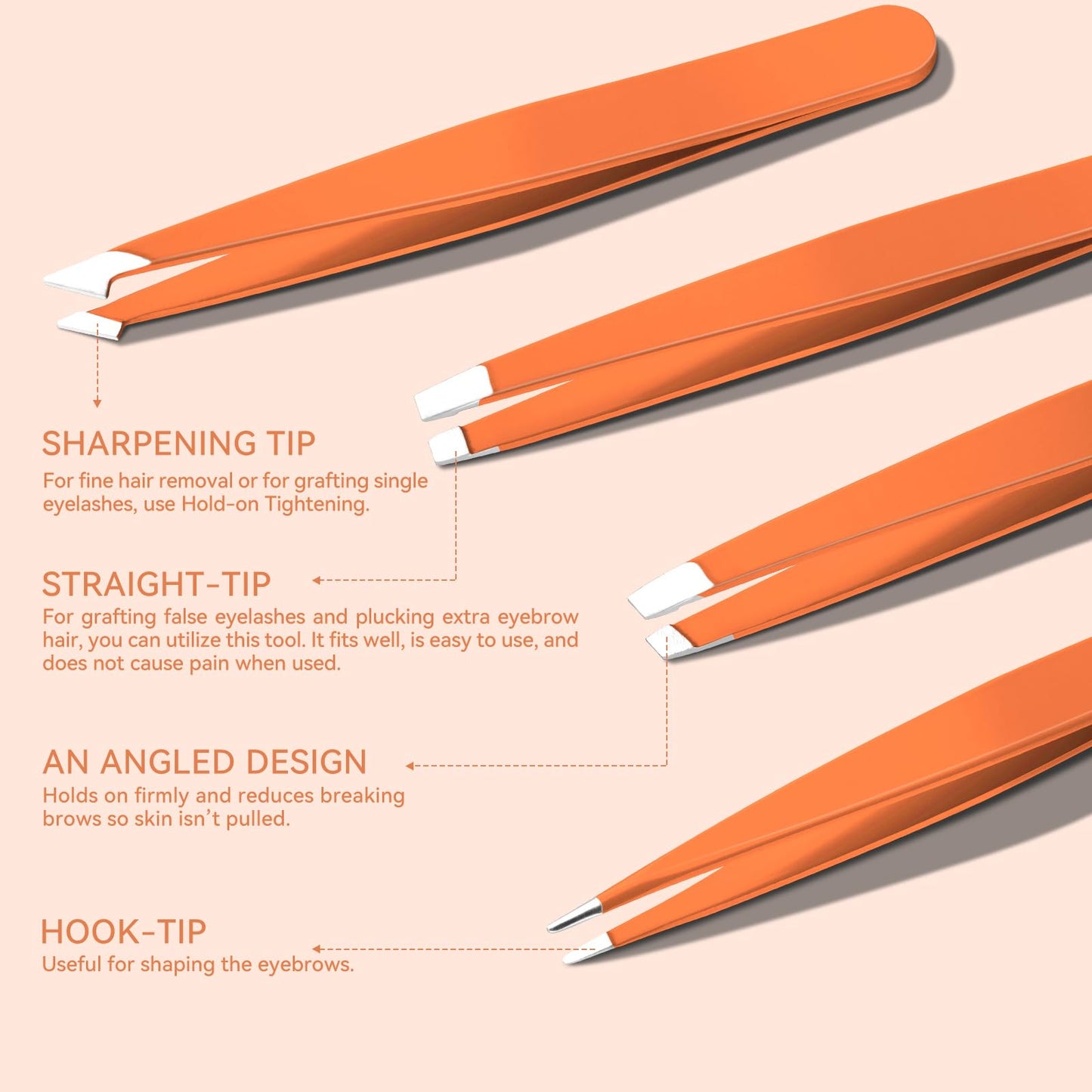 6 Pcs Tweezer Set, Tweezers Set for Women, Precision Tweezer for Eyebrows with Curved Scissors, Eyebrow Grooming Kit for Ingrown Hair with Leather Case, Orange