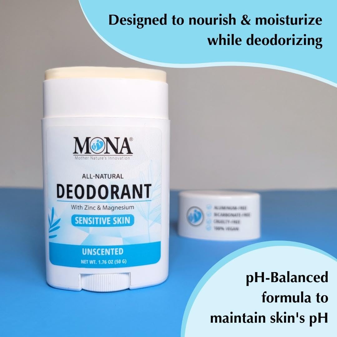 MONA BRANDS All Natural Deodorant For Women & Men | For Sensitive Skin | No Aluminum or Baking Soda | (2-Pack UNSCENTED 1.76 Oz each)