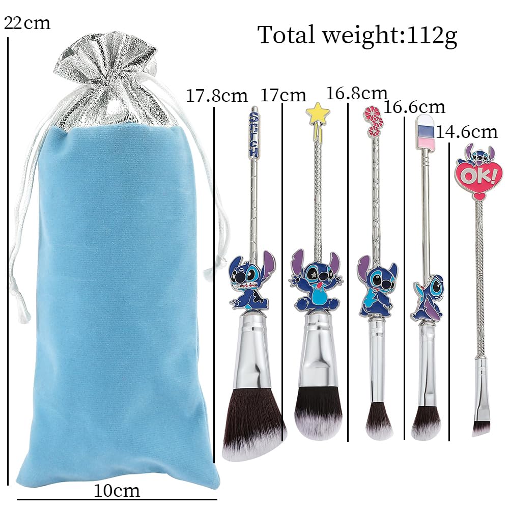 Adorable Stitch Theme Makeup Brushes Set - Cartoon Design with 5 Essential Brushes - Complete with Blue Makeup Brush Bag