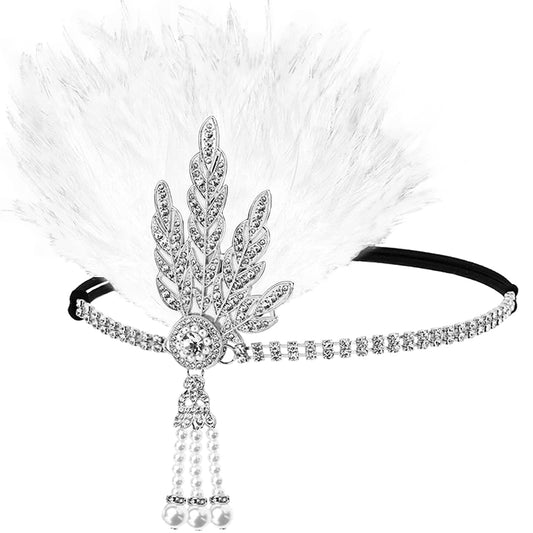 FERCAISH 1920s Flapper Headband, Roaring 20s White Feather Crystal Headband Bachelor Party Feather Headband, Great Hair Accessories for Women (White)