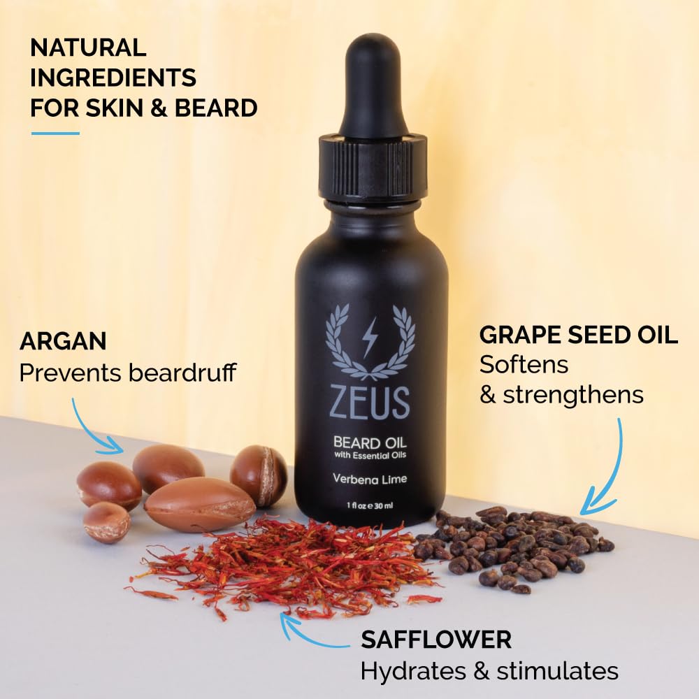 ZEUS Natural Beard Oil, Premium Conditioning Beard Oil to Soften Beard & Mustache – MADE IN USA (Verbena Lime) 1 oz.