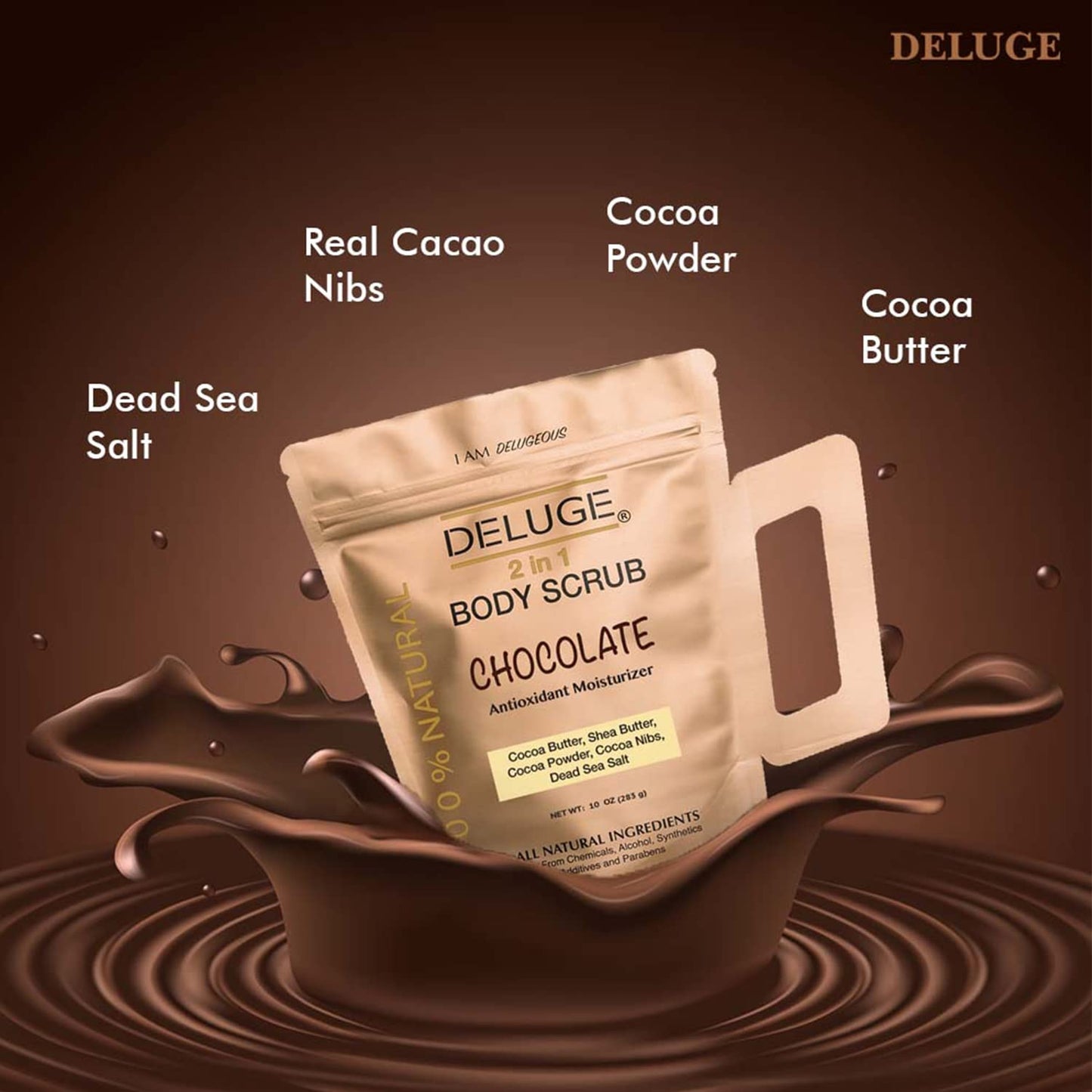 Deluge Chocolate Scrub for Cellulite and Stretch Marks, Body Exfoliant and Hydrating Cellulite Treatment with Shea Butter, Coconut Oil and Dead Sea Salt Firms, Tones and Moisturizes Skin (10 oz)