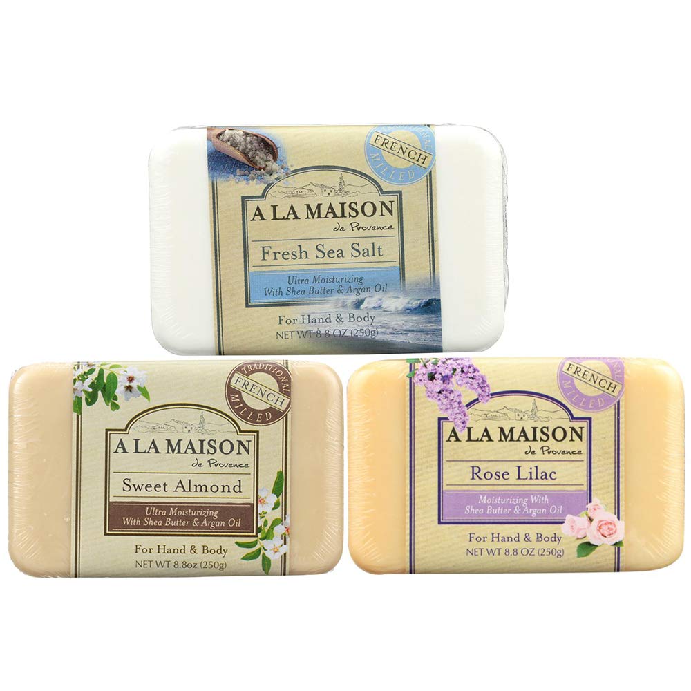 A LA MAISON Fresh Sea Salt, Sweet Almond & Rose Lilac Scent Uses: Hand and Body, Essential Oils, Plant Based, Vegan, Cruelty-Free, Alcohol & Paraben Free (3 Bars of Soap, 8.8 oz)