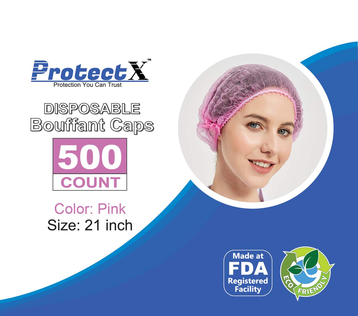 ProtectX 500-Pack Pink Disposable Hair Nets, Elastic Head Cover, Bouffant Caps, Sanitation Head Cover for Food Service, Spa Men & Women - 21 inch