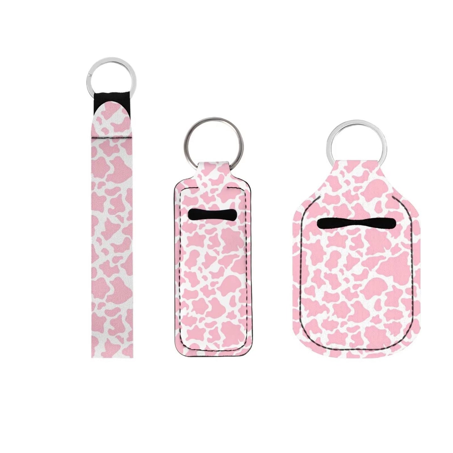 Suobstales 3 Pieces Travel Bottle Keychain Holders Set Cow Print Chapstick Holder Keychain Wristlet Lanyards Pink Travel Makeup Accessories for Women Girls