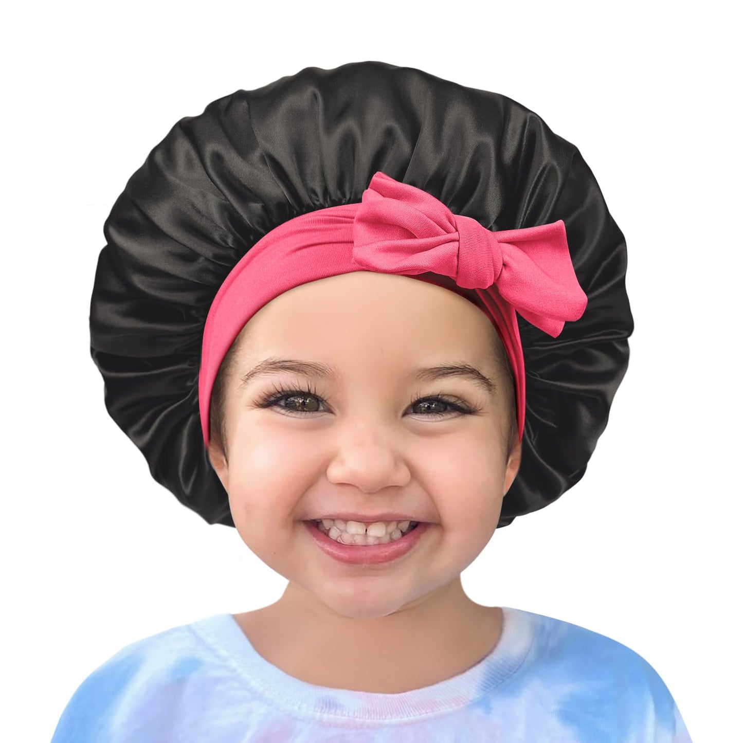 Satin Bonnet Silk Hair Cap: 2pcs Kids Bonnets with Adjustable Tie Band for Baby Toddler Sleeping Hair Bonnets Sleep Comfortable No Slip-Off (Black & HotPink)