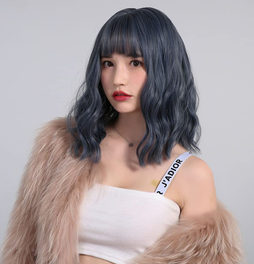 Sharebeauty Synthetic Bob Wig for Women Natural Wavy Curly Full Wig with Bangs Grey Blue Mix