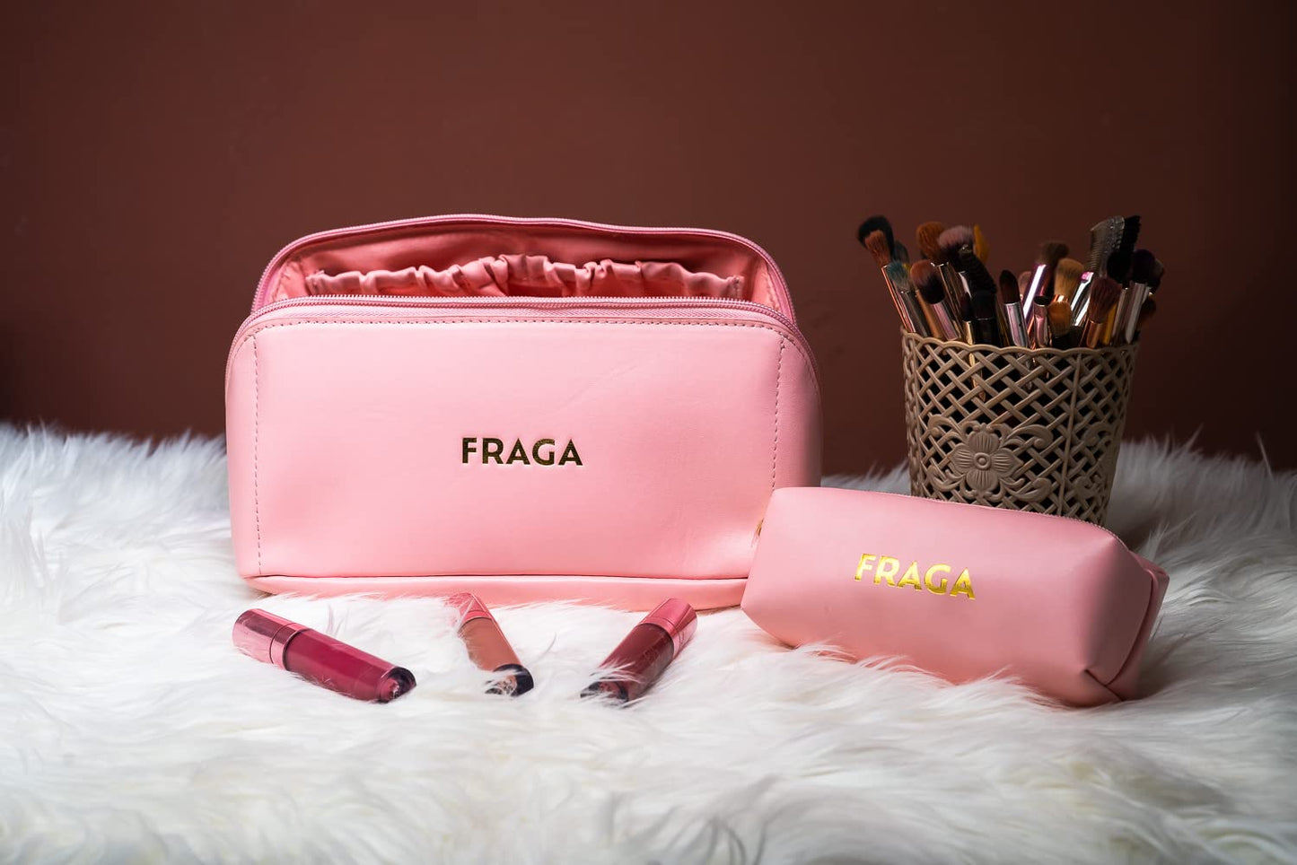 FRAGA 2 in 1 New Model Makeup Bag, Waterproof Cosmetic Bag, with Large Capacity, Skin Care Organizer for Travel, Easy to Clean (Pink)