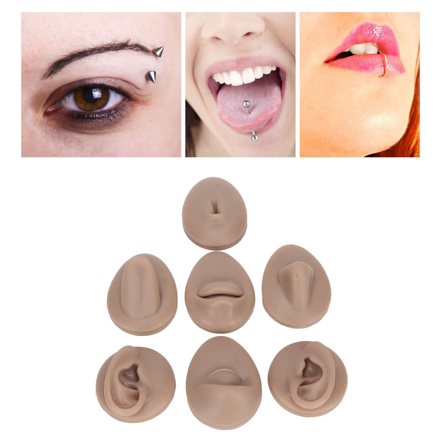 Soft Silicone Flexible Model Body Part Displays Set, Body Piercing Practice Model Simulation Ear Eye Nose Mouth Tongue and Belly Button Model for Novice Piercer (Dark Skin Colour)