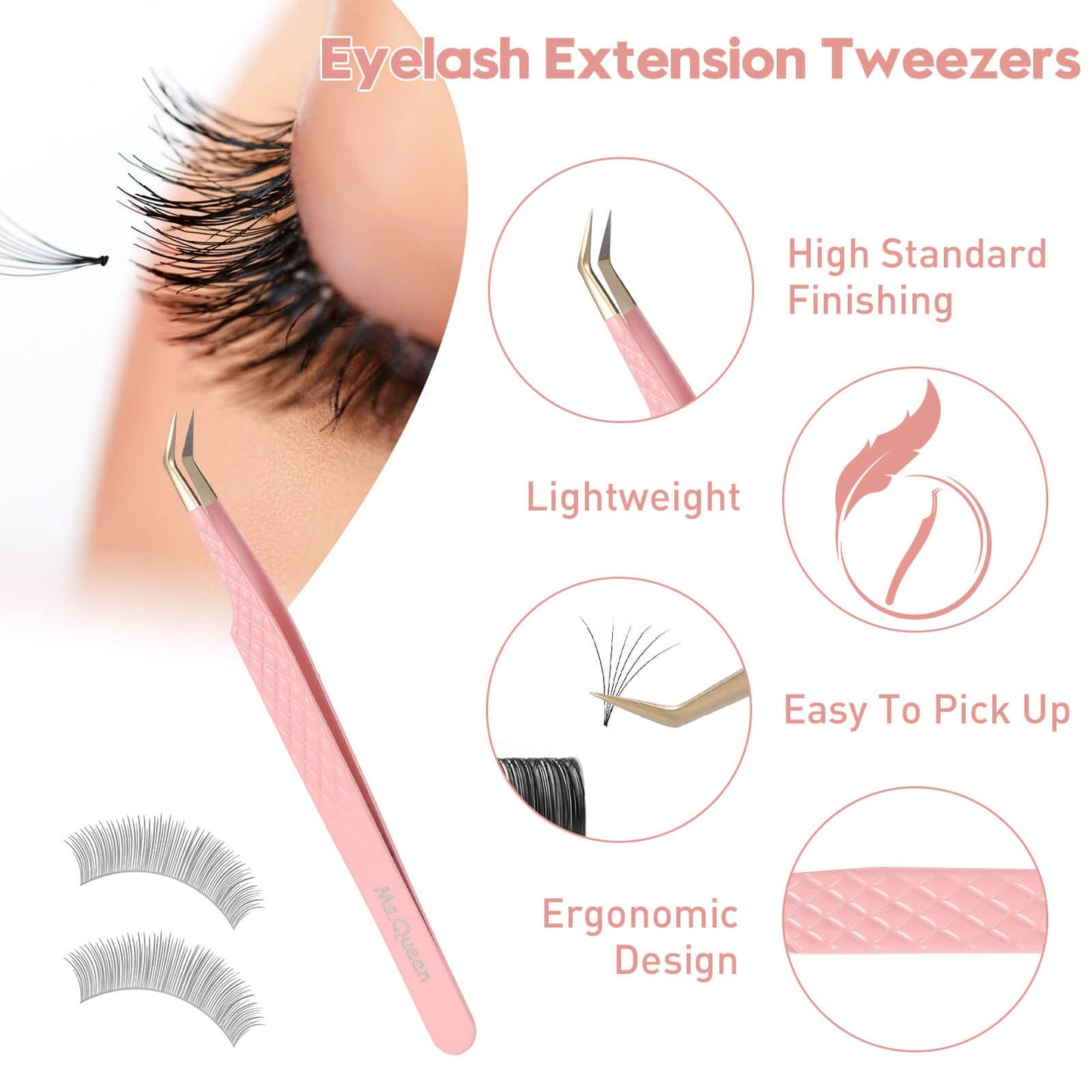 Ms.Queen 45 Degree Tweezers for Lash Extensions,Precision Fiber Tip Eyelash Tweezers for Volume Eyelash Extensions