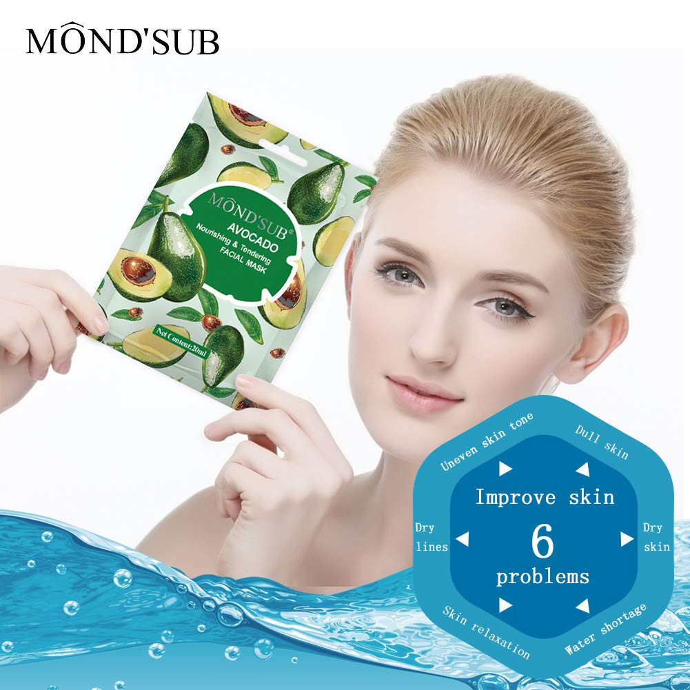 MOND'SUB [12 P] Avocado Oil Facial Masks-Best Sheet Mask For Dry Skin-Deeply Nourishing&Moisturizing- Make Skin Soft&Clear-Every Skin Condition Day to Day Skin Concerns-Both Men&Women