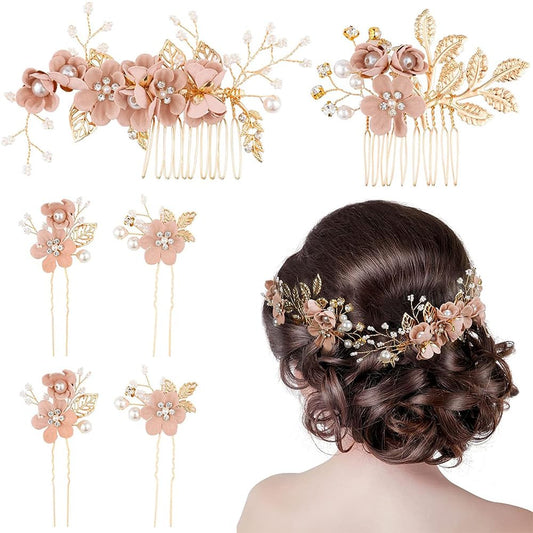 6 Pieces Pink Flowers Bride Wedding Hair Side Comb + U-Shaped Floral Hairpin Formal Ball Headwear Accessories Bride Bridesmaid Ladies Girls