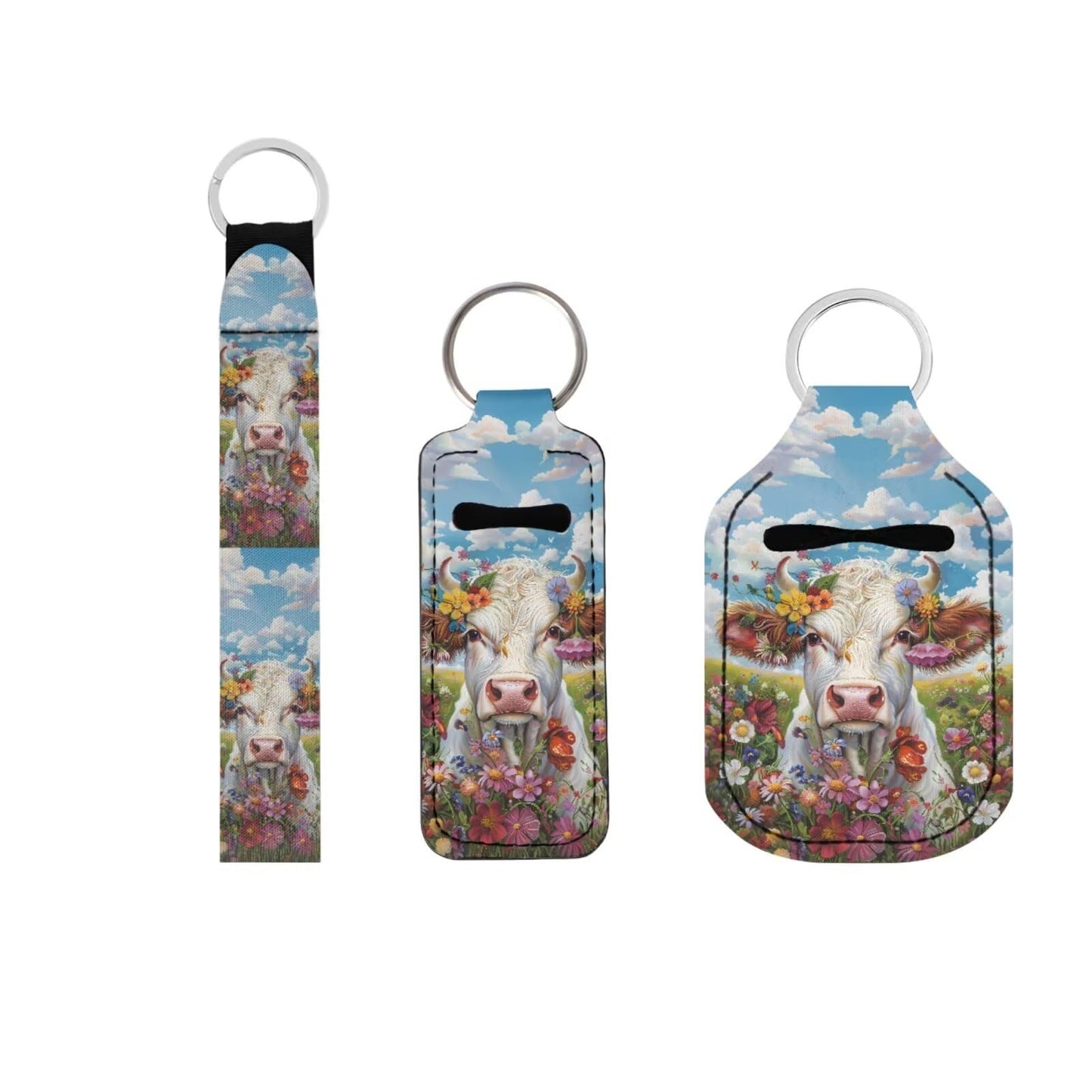 Suobstales Cow Flower Print Chapstick Holder 1 Keychain Wristlet Lanyards 1 Mini Bottle Keychain Holder, Neoprene Travel Bottle Keychain Holders Set of 3