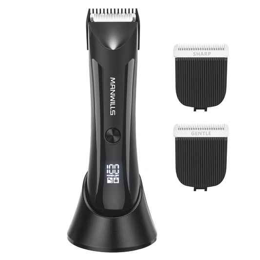 ManWills Body Hair Trimmer Men - Ball Trimmer Men, 2 Replaceable Ceramic Blades, Waterproof Pubic Trimmer with Charging Dock, Rechargeable, 7000RPM