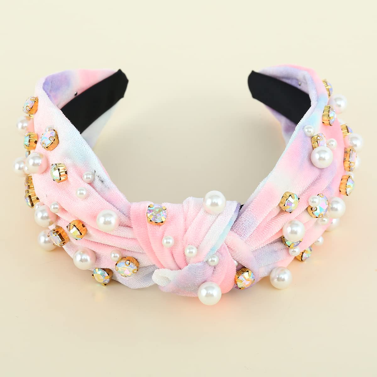 FEDANS Knotted Headbands for Women Pearl Rhinestone Crystal Embellished Pink Green Velvet Fashion Elegant Ladies Hair Accessories