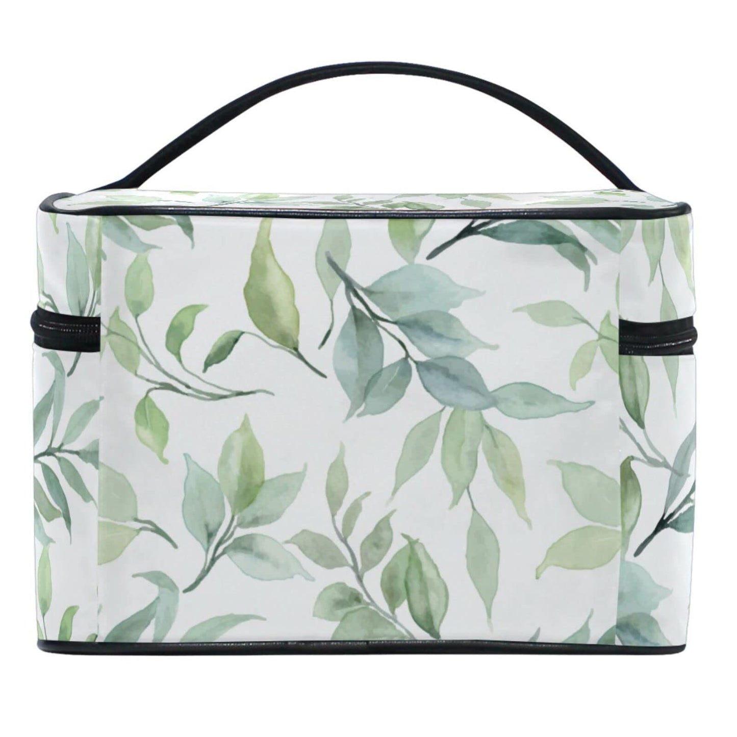 ZOEO Makeup Train Case Green Leaf Plant Summer Korean Carrying Portable Zip Travel Cosmetic Brush Bag Organizer Large for Girls Women