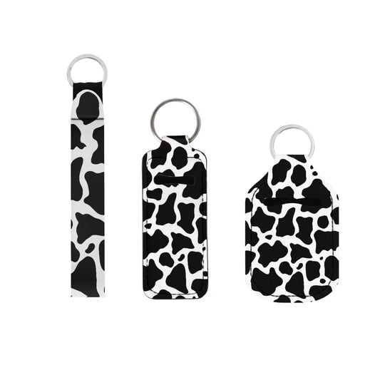 Suobstales Cow Print Chapstick Holder Keychain Neoprene Wristlet Lanyard Travel Bottle Holder Keychain Kits for Women Black White Animal Print Elastic Lipstick Key Chain Holder Makeup Organizer Set