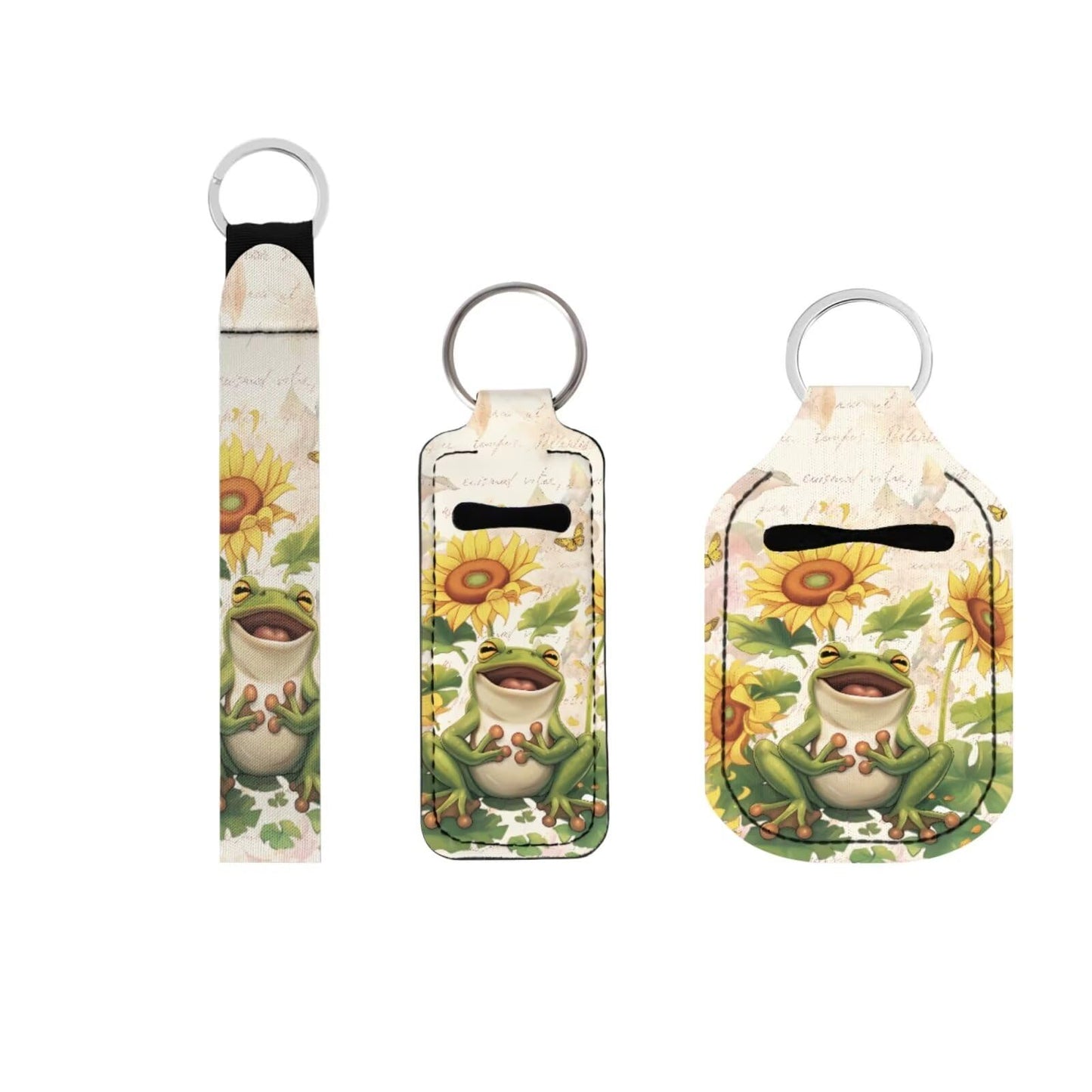 Suobstales Frog Sunflower Butterfly Print Travel Keychain Holders Kits, Travel Bottle Chapstick Lanyard Keychain Holders Set Neoprene Balm Holders Pouch Makeup Storage Organizer, Set of 3