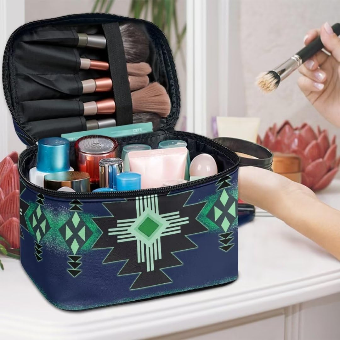 Horeset Native Indian Strip Cosmetic Bag with Compartments Southwest Style Travel Makeup Bag Water-resistant Makeup Organizer with Handle for Women Men