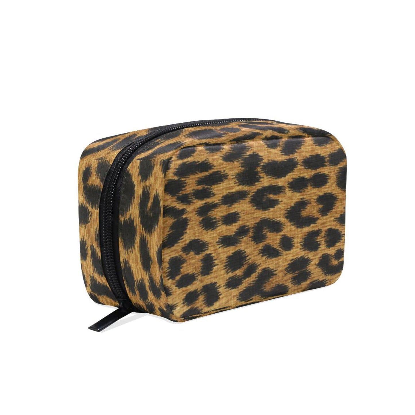 JHKKU Leopard Print Animal Makeup Bag Portable Square Cosmetic Bag Black Zipper Storage Bag for Women Travel Toiletry Bag