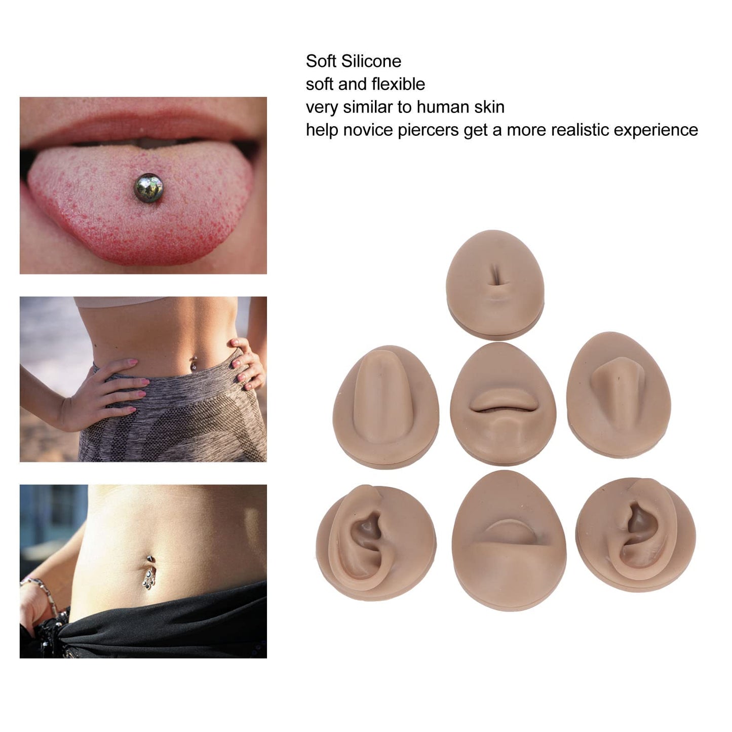 Soft Silicone Flexible Model Body Part Displays Set, Body Piercing Practice Model Simulation Ear Eye Nose Mouth Tongue and Belly Button Model for Novice Piercer (Dark Skin Colour)