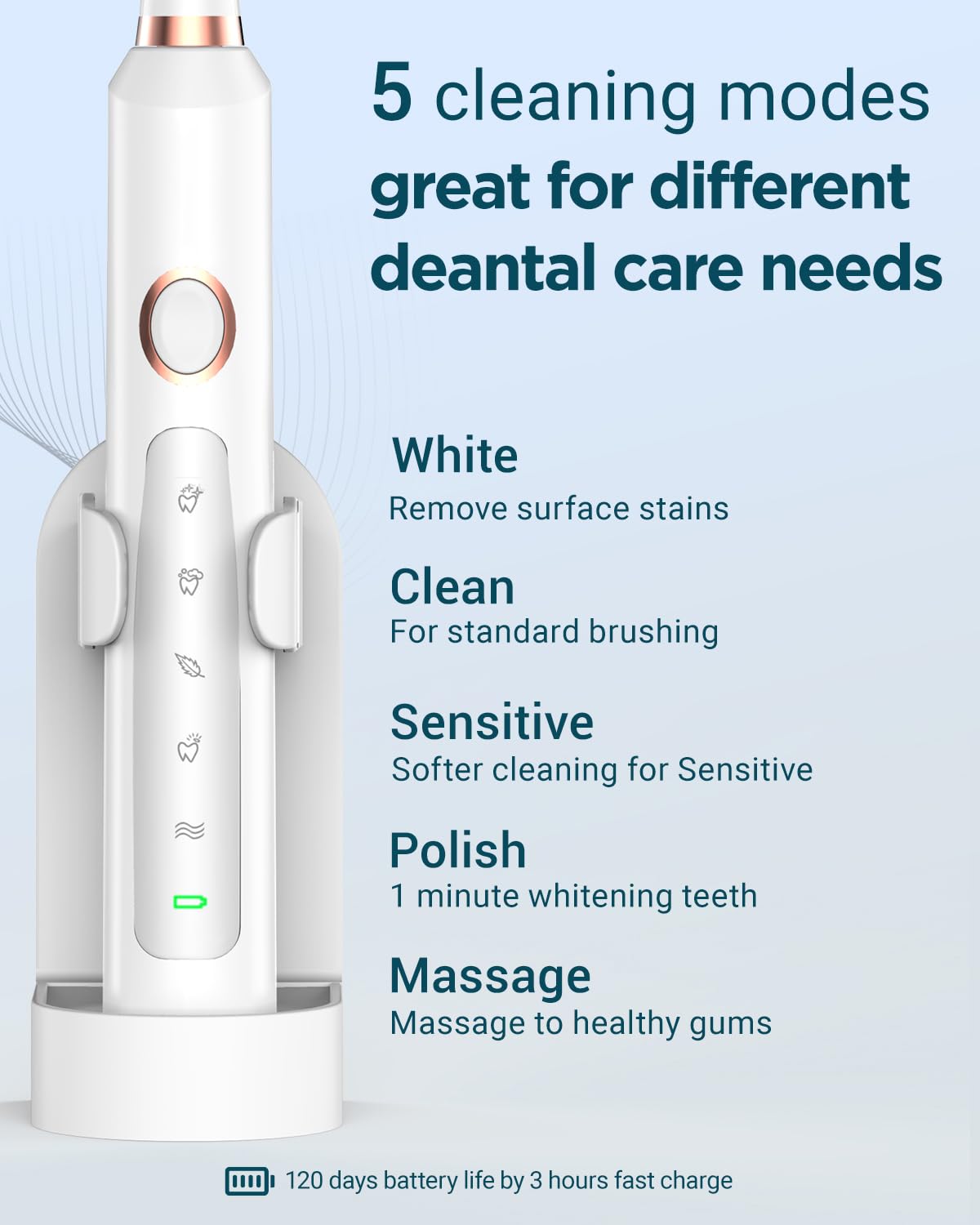 Rtauys M5 Sonic Electric Toothbrush for Adults - Rechargeable Electric Toothbrushes with 8 Brush Heads & Travel Case,Power Electric Toothbrush with Holder, 3 Hours Charge for 120 Days - White