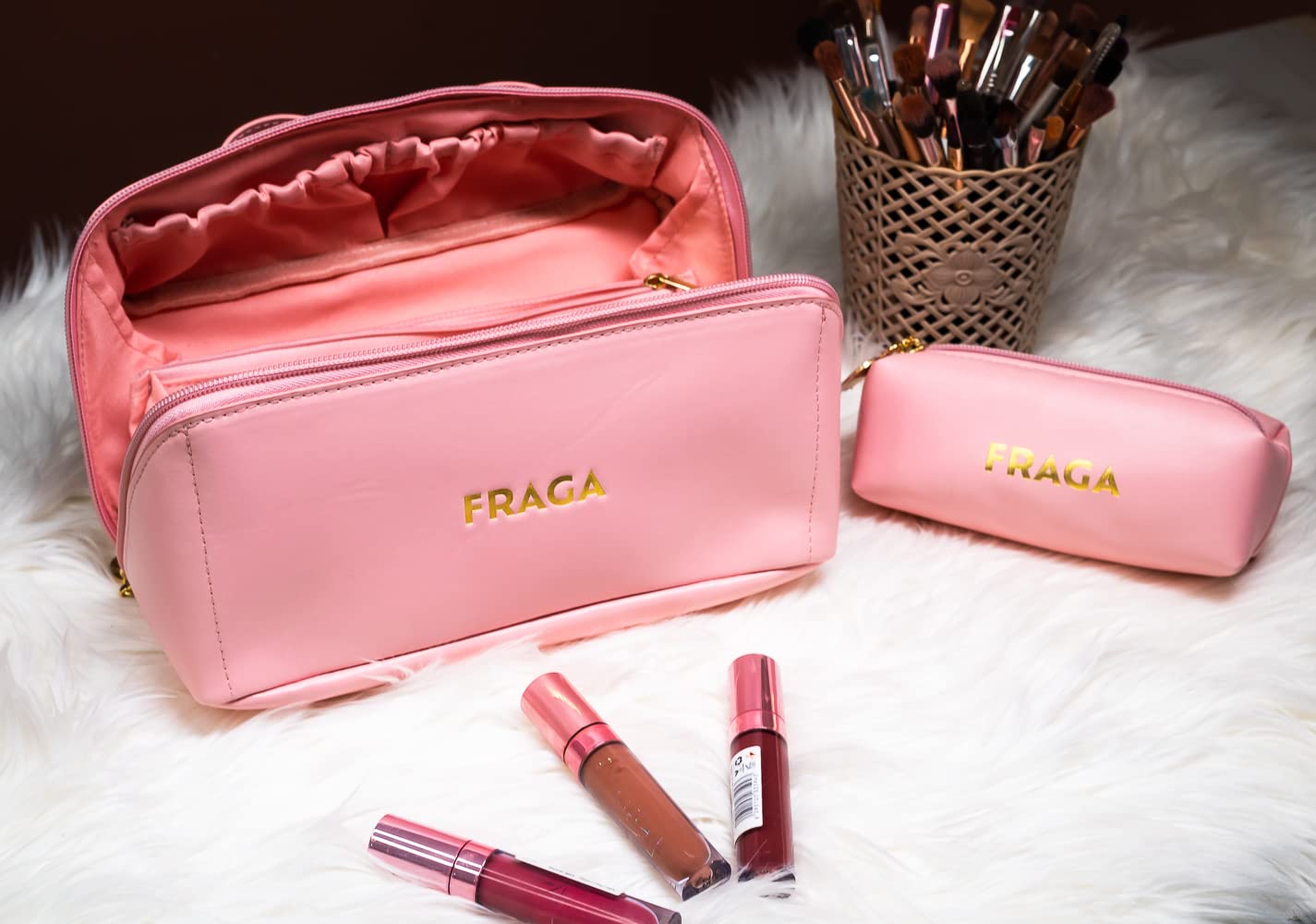 FRAGA 2 in 1 New Model Makeup Bag, Waterproof Cosmetic Bag, with Large Capacity, Skin Care Organizer for Travel, Easy to Clean (Pink)