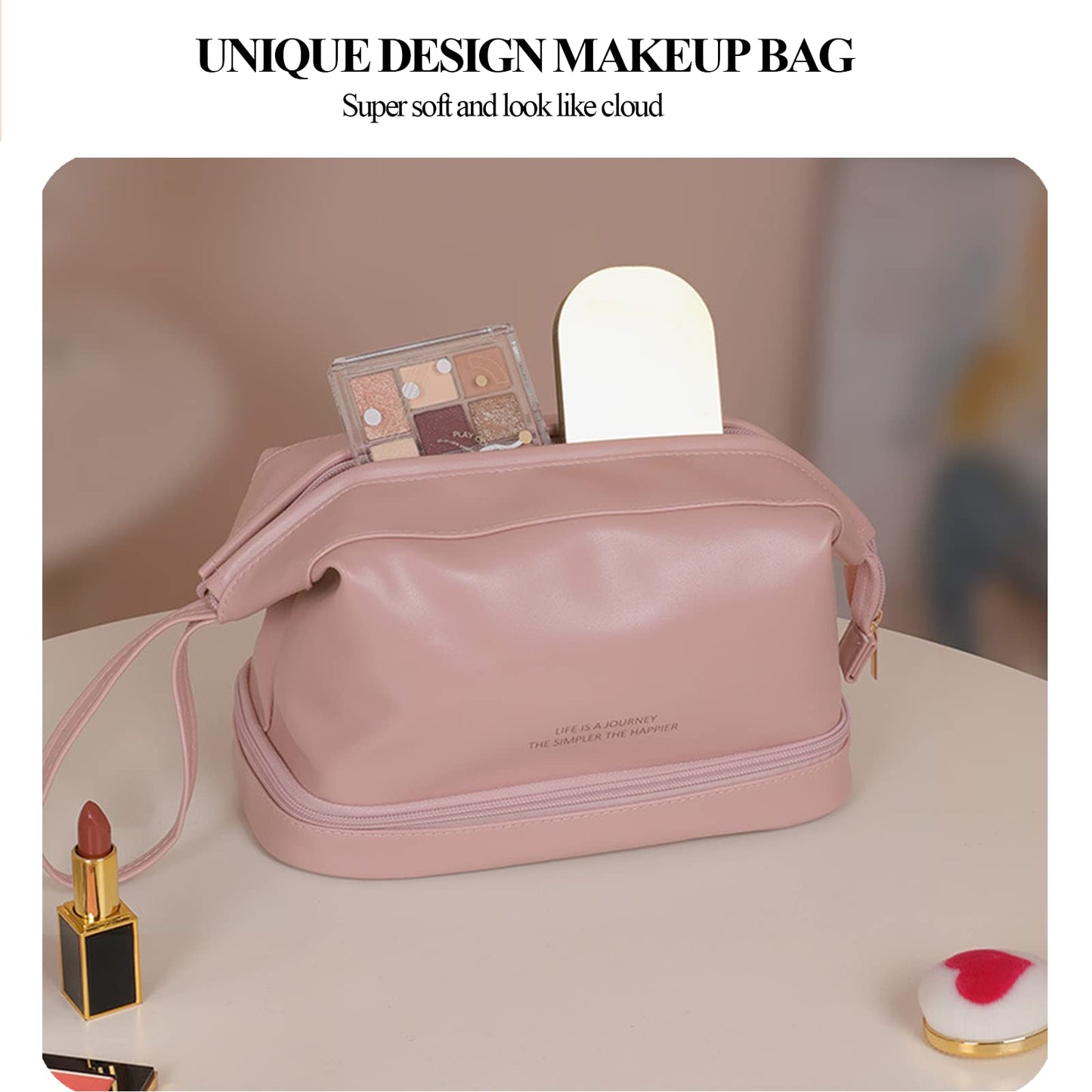 AUSEKALY Makeup Bag Travel Cosmetic Bag Double Layer Leather Toiletry Bag With Brush Bag For Women Girl High Capacity Make Up Bag Portable Waterproof Makeup Pouch Pink