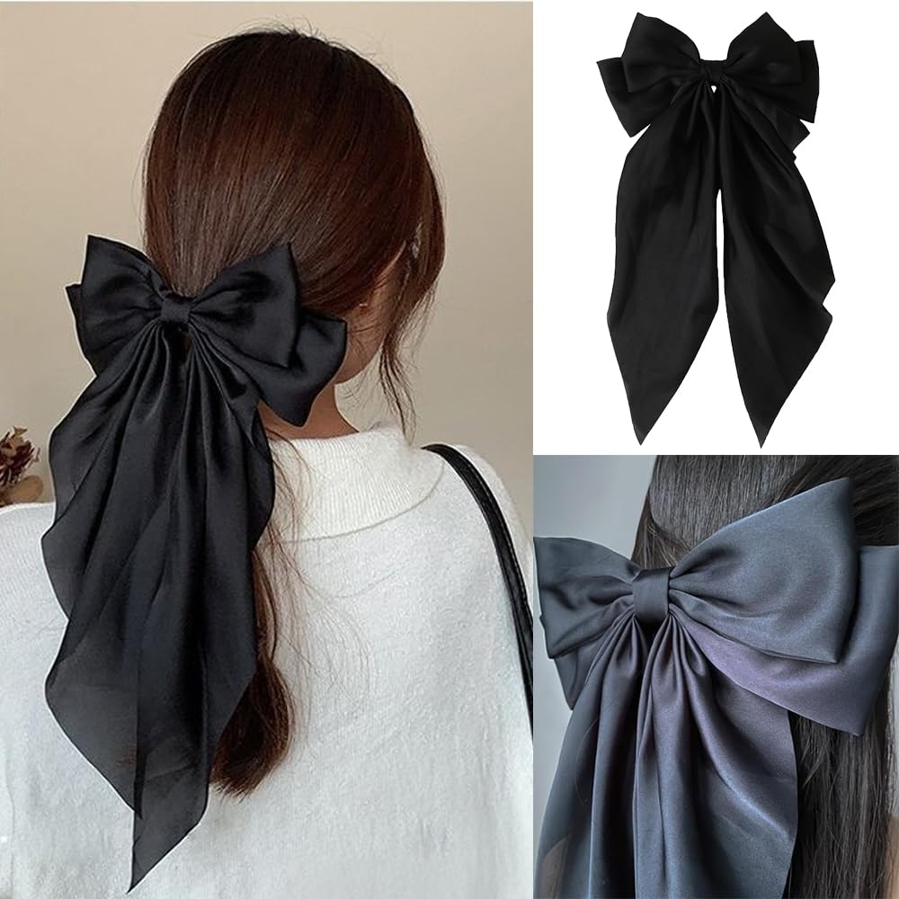 Bow Clips for Women, ELKINROVIC Mini Bow Clips Long Soft Small Coquette Bows Ribbon Bowknot Hair Bows for Girls Adult Kids Black&Beige(4Packs)