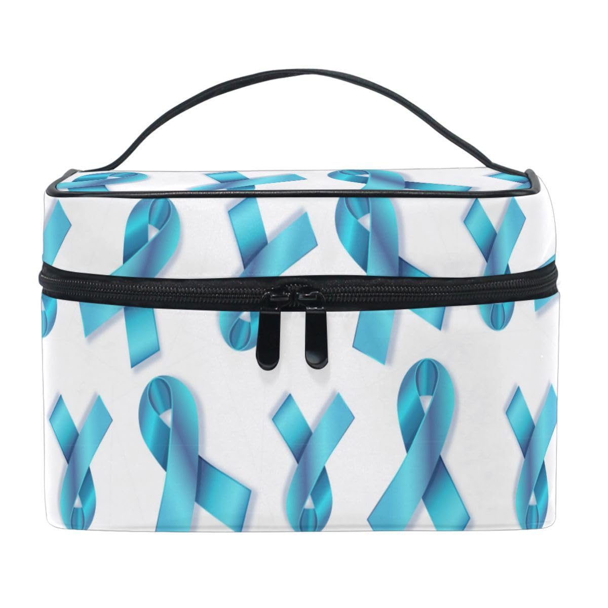 ZOEO Makeup Train Case Breast Cancer Awareness Blue Ribbon Korean Carrying Portable Zip Travel Cosmetic Brush Bag Organizer Large for Girls Women