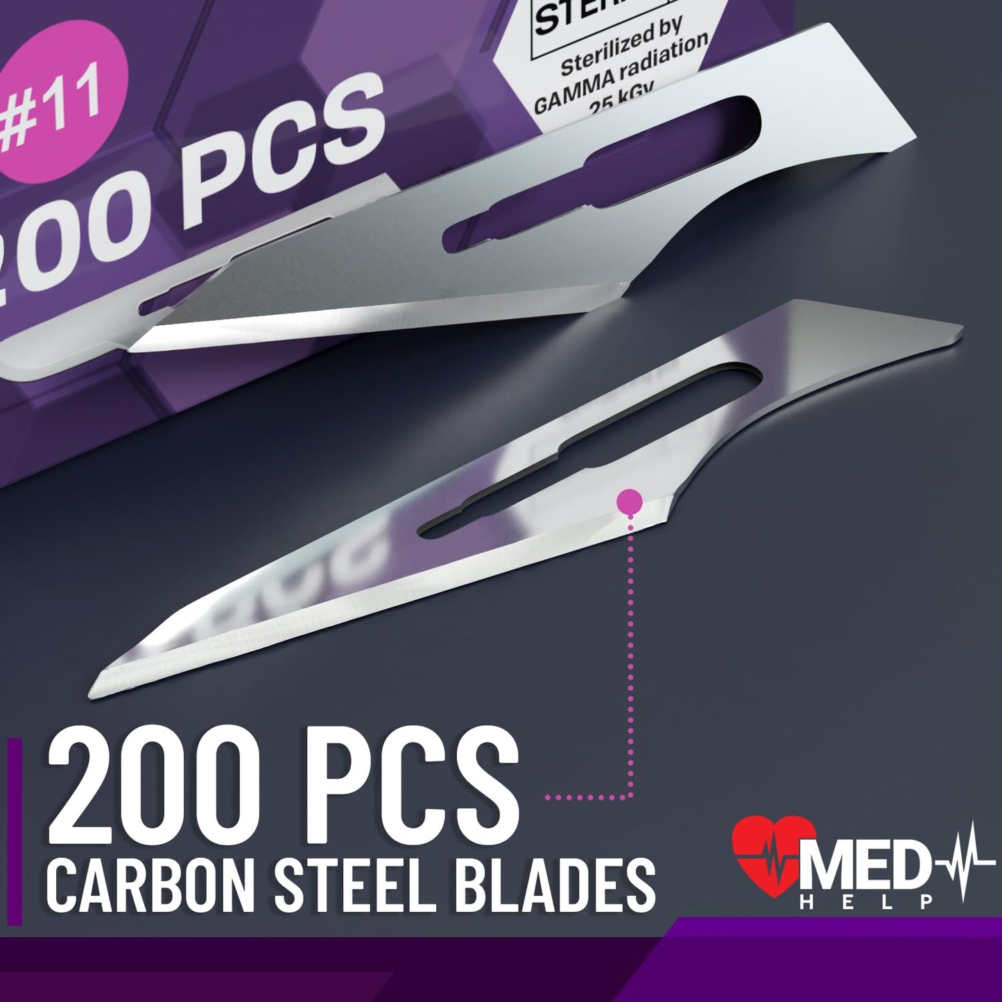 MedHelp Pack of 200 Disposable Surgical Blades 11, Size 11 Scalpel Blades for Surgical Scalpel, High Carbon Steel Dermablade Blades. Individually Wrapped 11 Blade, Sterile