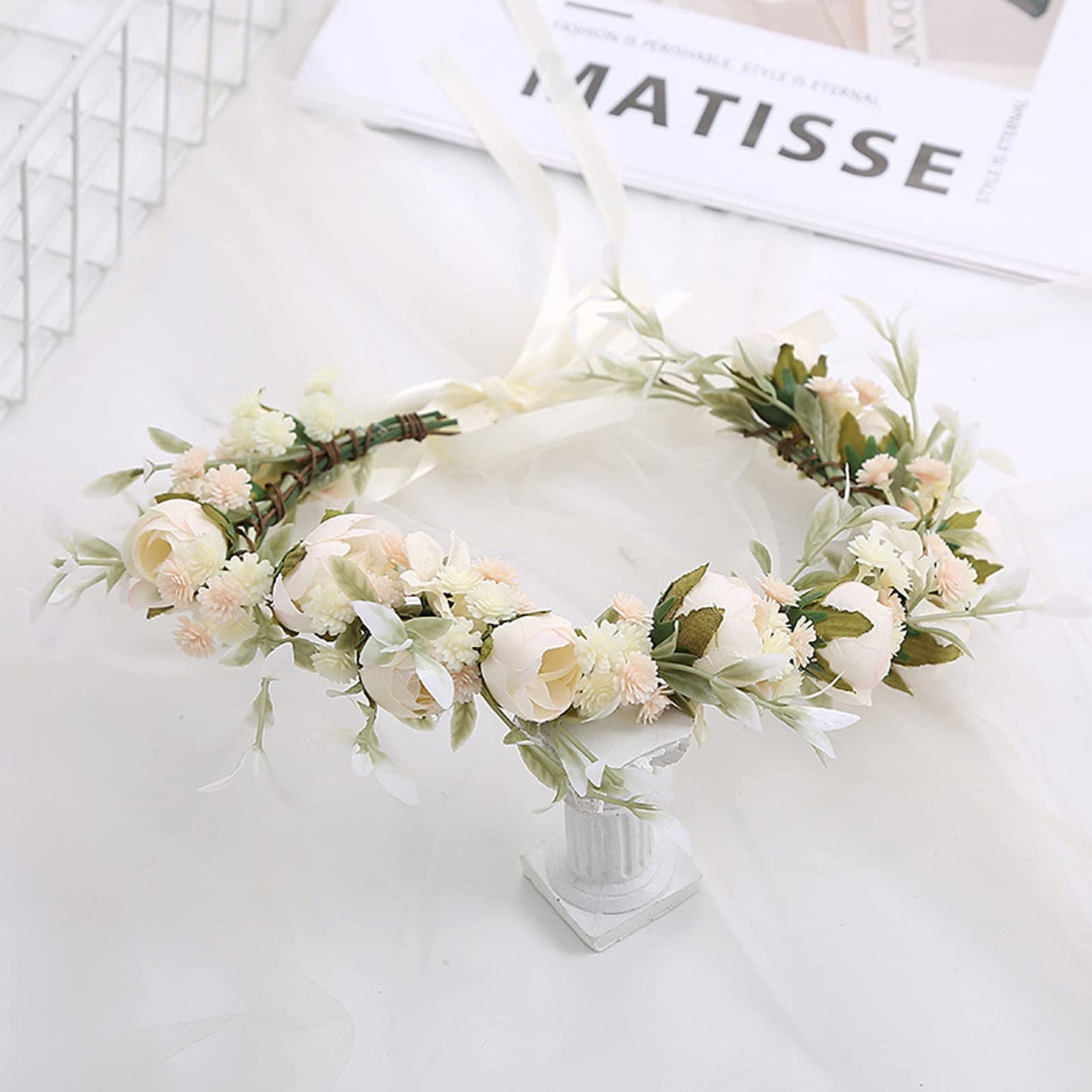 Lopsity Women Rose Floral Flower Crown Headband Rose Halo Wreath Wedding Bridal Hair Garland Ajustable Flower Hair Wreath (style2-white)