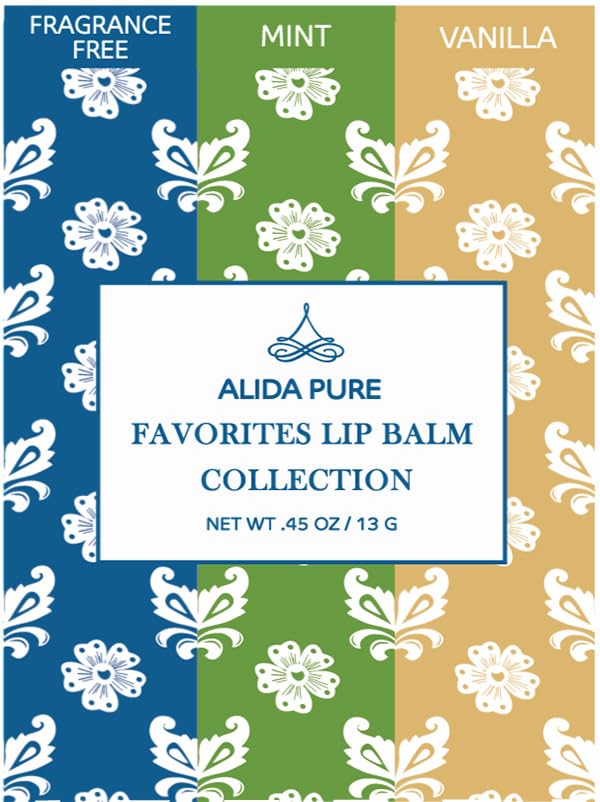 ALIDA PURE Favorites Lip Balm Collection, Vegan Lip Balm Set, Bees Wax Free, Coconut Oil Free, Avocado Oil, Organic Jojoba Oil, Vitamin E, Natural Moisturizer For Dry Cracked Lips, 3 Tube Set