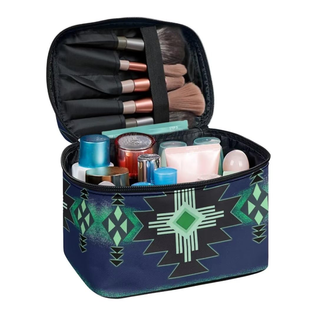 Horeset Native Indian Strip Cosmetic Bag with Compartments Southwest Style Travel Makeup Bag Water-resistant Makeup Organizer with Handle for Women Men