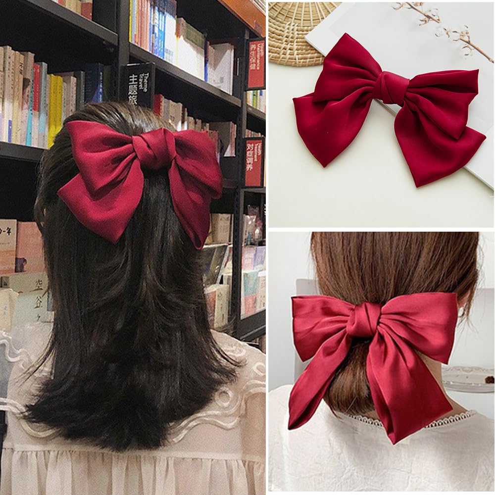 Bow Clips for Women, ELKINROVIC Mini Bow Alligator Clips Long Soft Small Coquette Bows Ribbon Bowknot Hair Bows for Girls Adult Kids Pink&Red(4Packs)