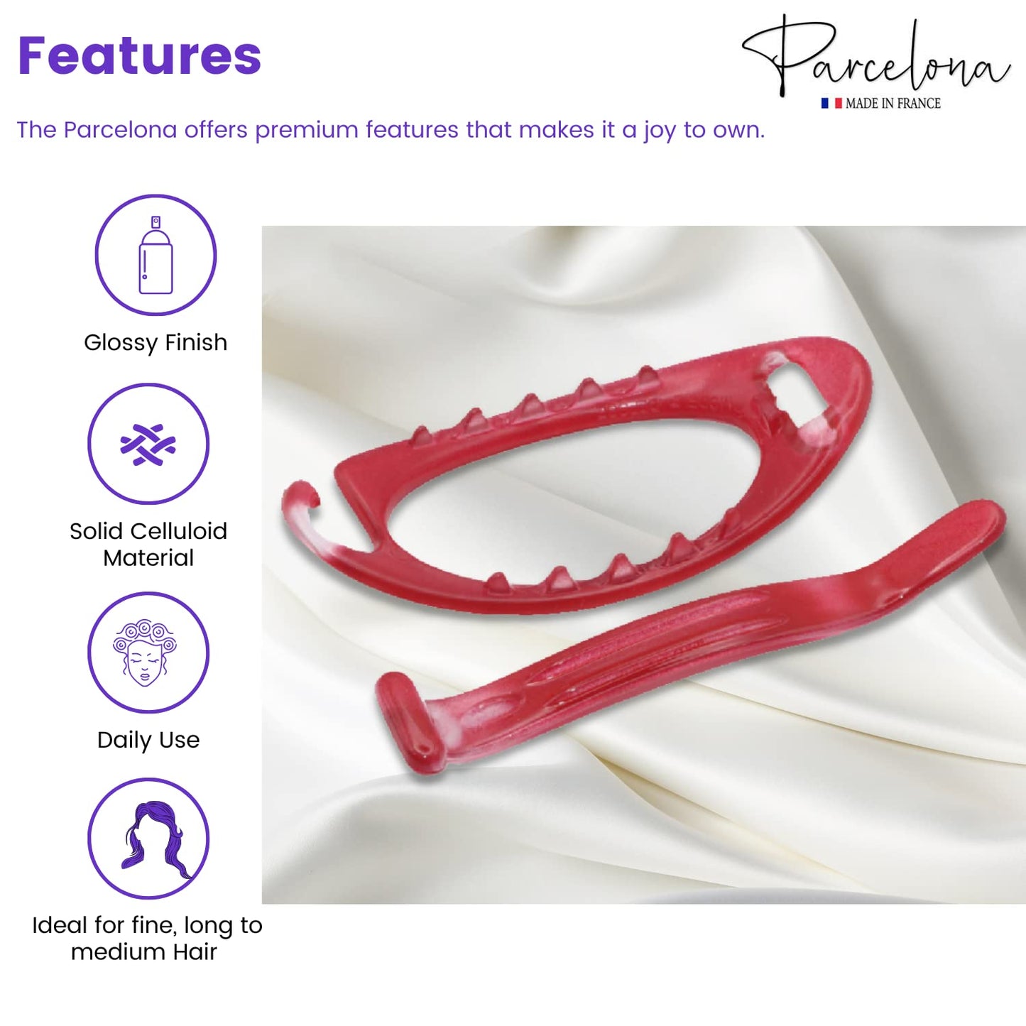 Parcelona French Plain Oval Small Celluloid Metal Free Hair Barrette Clips Women Hair Accessories, Made in France (Glossy Red)