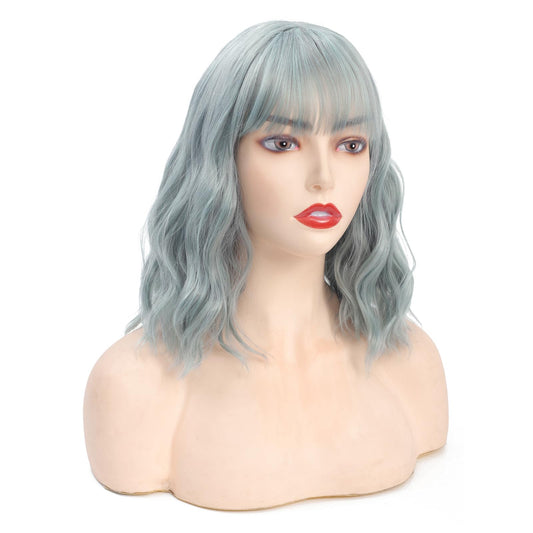 MOSINA Wigs for Women - Mix Silver Grey Wig with Bangs for White Women, Short Wavy Bob Wig Colorful Shoulder Length, Pastel Colored Cosplay Wig Synthetic Costume Wigs…