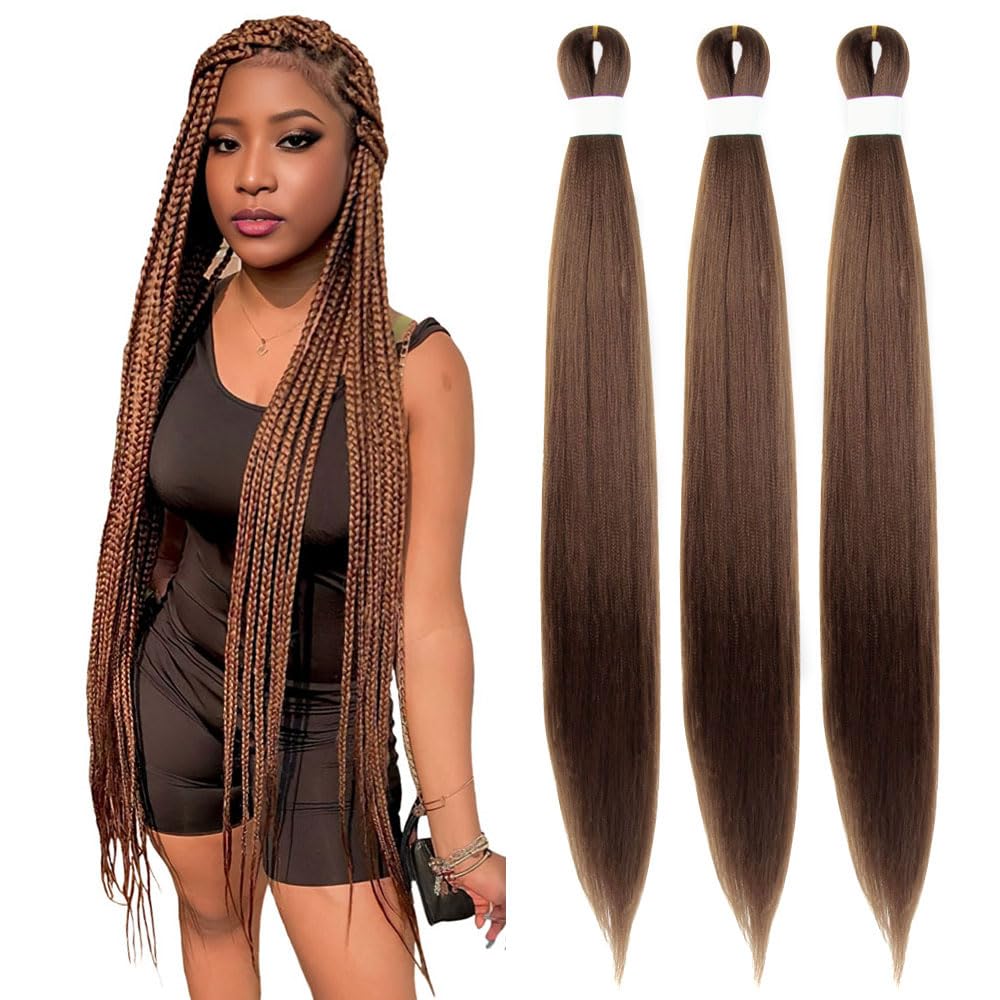 KAVSORAPI Brown Braiding Hair 36 Inch Pre Stretched Hair Long Straight Crochet Braids Yaki Texture Synthetic Fiber 3 Packs (30#/Medium Dark Brown)