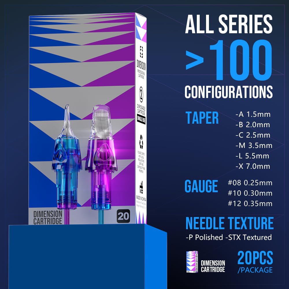 CNC Tattoo Cartridge Needles 20Pcs #12(14RL) Standard 0.35mm Round Liner X-Taper Disposable Cartridges with Membrane EN04B-20-1214RL-X