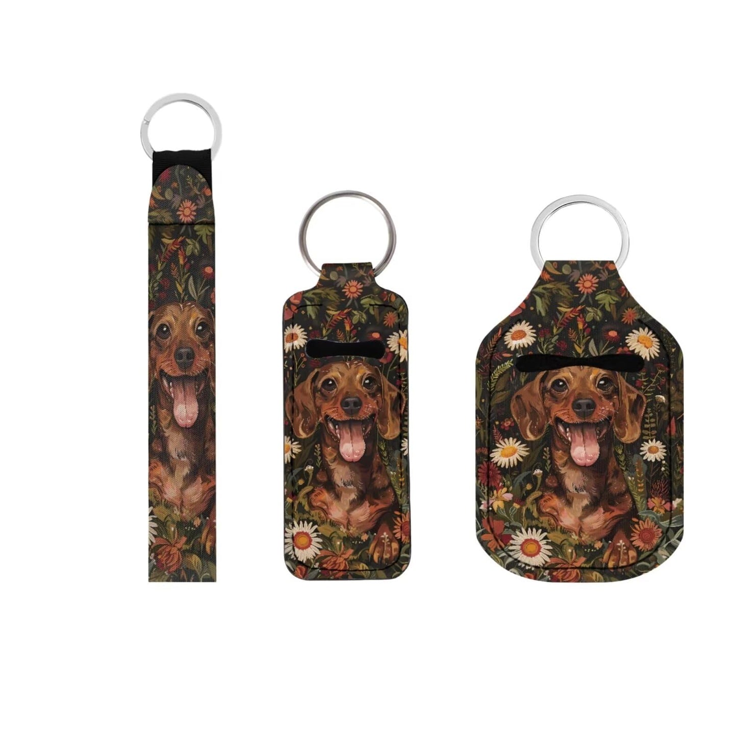 Suobstales Dachshund Daisy Print Chapstick Holder 1 Keychain Wristlet Lanyards 1 Mini Bottle Keychain Holder, Neoprene Travel Bottle Keychain Holders Set of 3