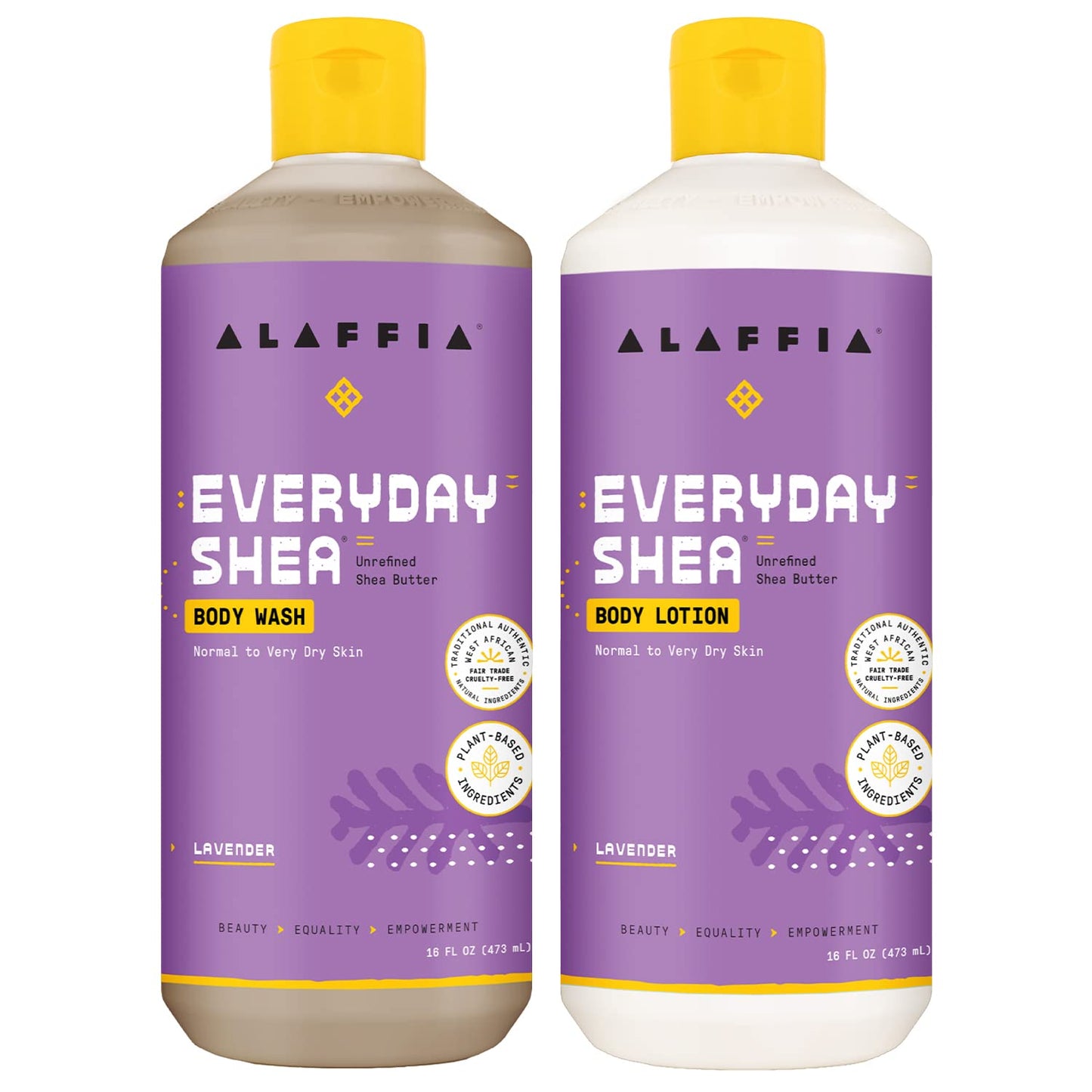 Alaffia EveryDay Shea Body Wash Bundled with Shea Body Lotion for Normal to Very Dry Skin, Moisturizes and Cleanses, with Fair Trade Shea Butter, Coconut Oil, Lavender, 2-16 fl oz Bottles