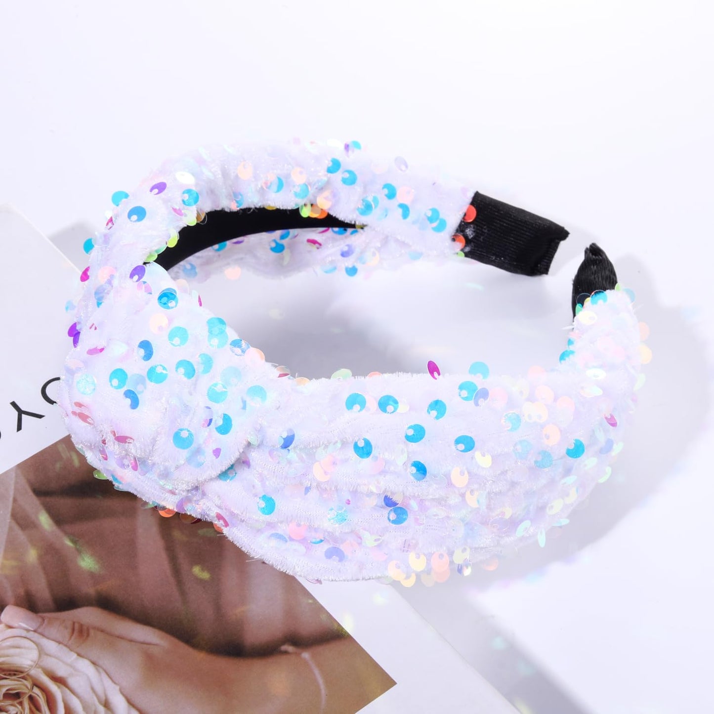 HEIDKRUEGER Knotted Sequins Headbands Soft Twist Hairband Bar Stage Sing Dance Party Headband Sparkle Glitter Hair Accessories for Women and Girls (White)